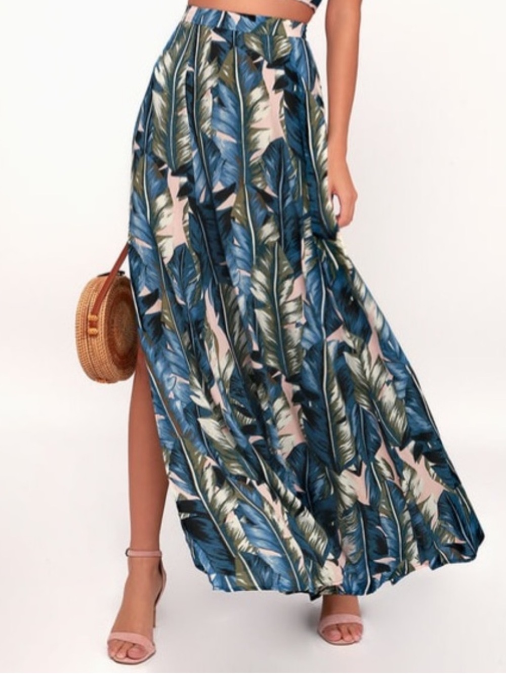 Lulus Back to Your Roots Floral Teal Blue Maxi Skirt High Side Slits Sz L Boho
